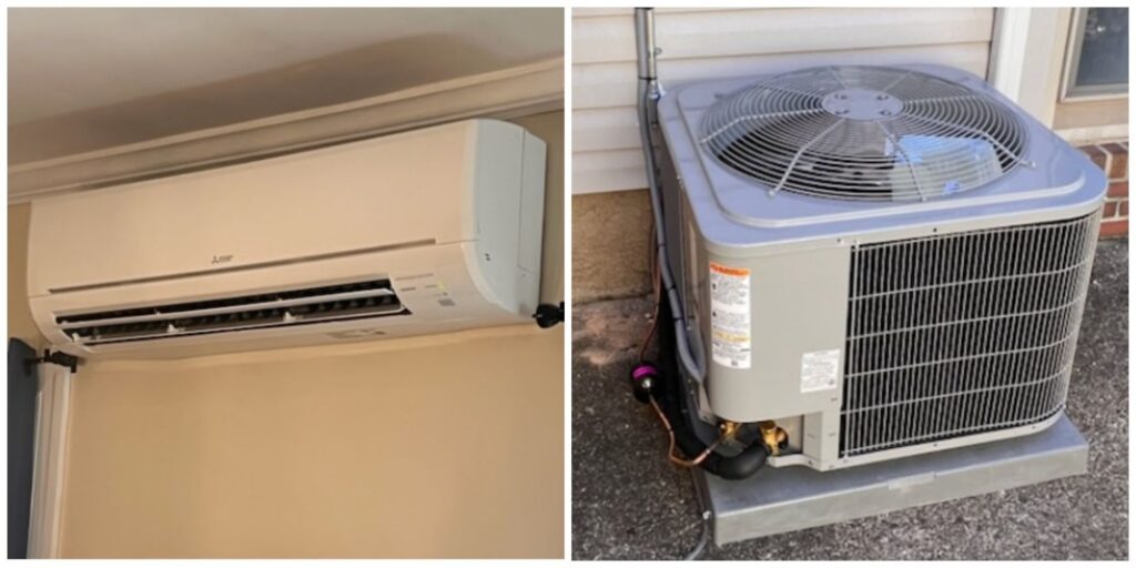 A collage of a mini-split next to a central air conditioning unit to illustrate comparing mini-split vs central air.