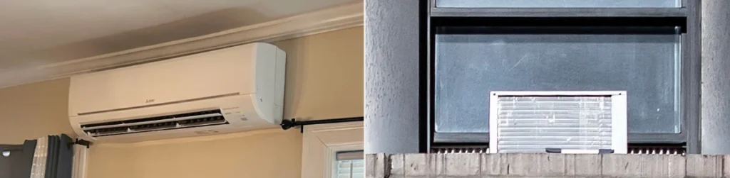 A side-by-side image of a mini-split AC unit and a window AC unit.